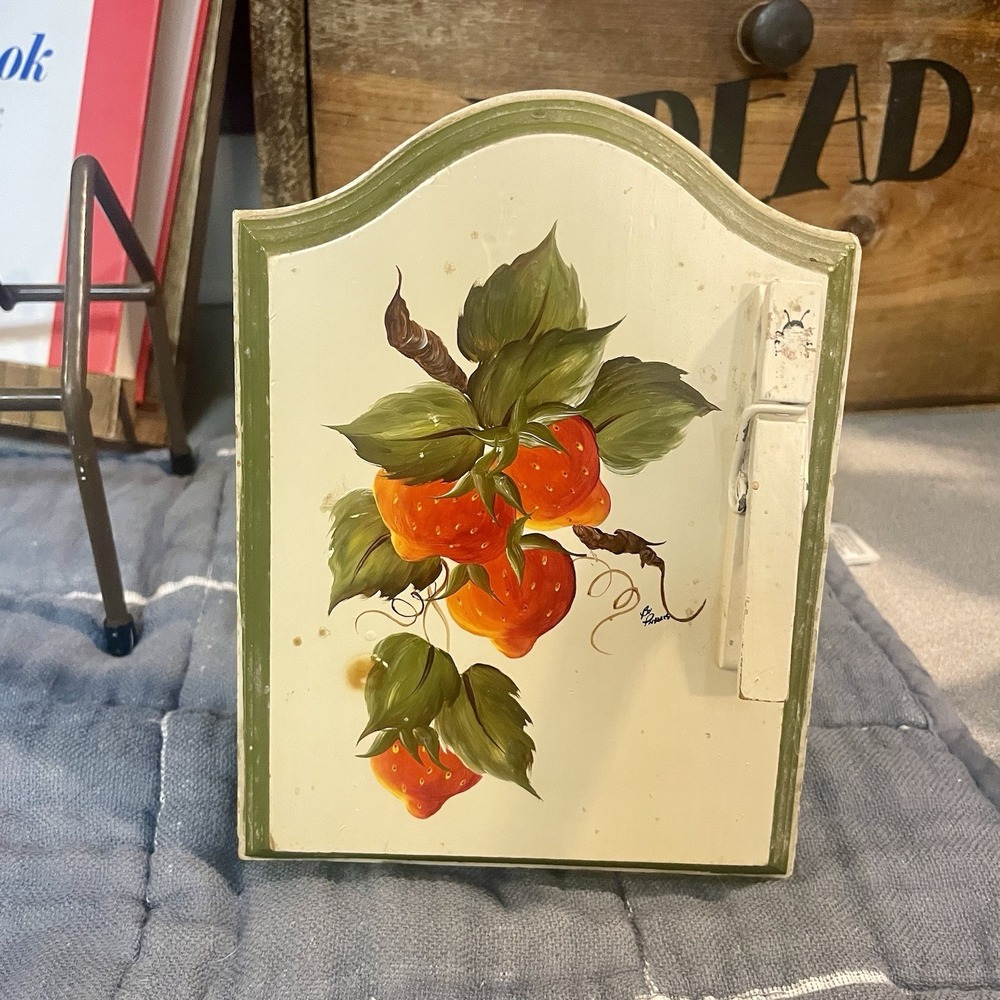 Vintage Strawberry Recipe/Note Holder  Hand Painted Signed Wood Stand 5.25x7"